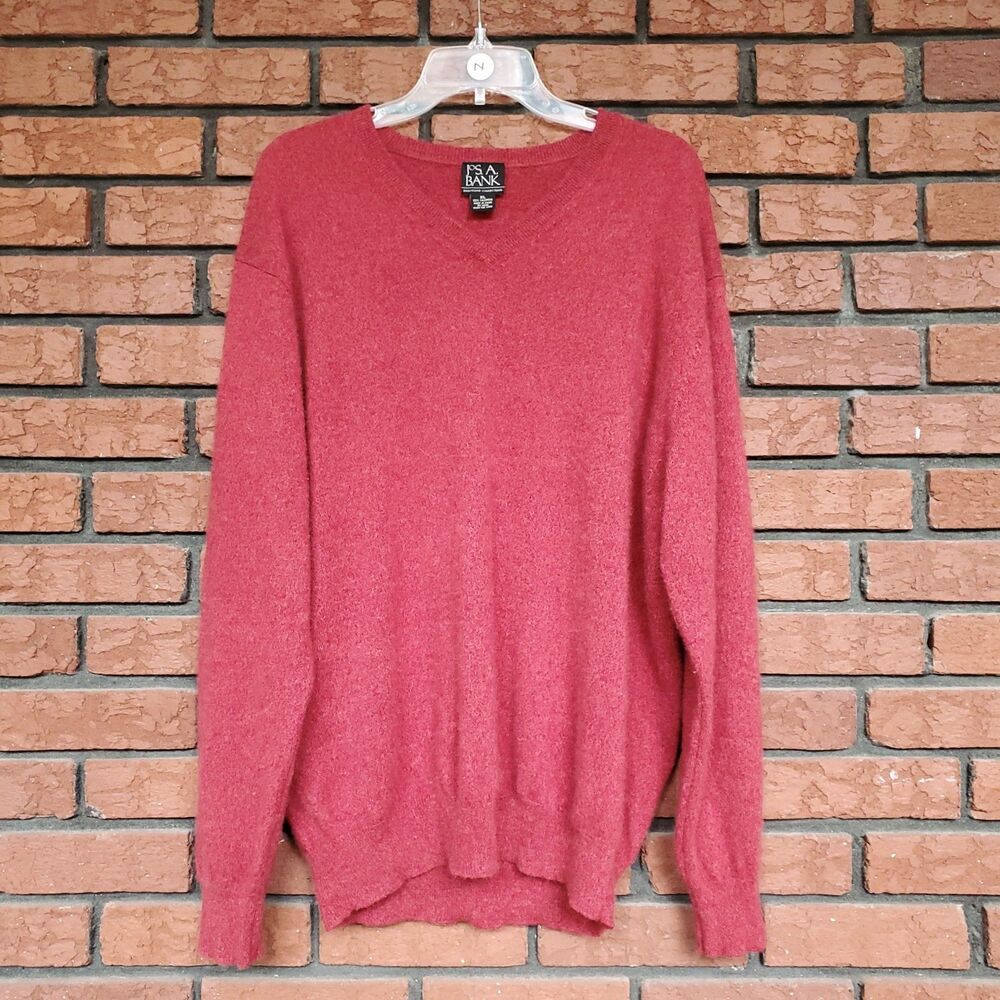Jos A Bank 100% Cashmere Sweater Mens XL Red V Neck Pullover Soft Holiday Preppy - Picture 2 of 8